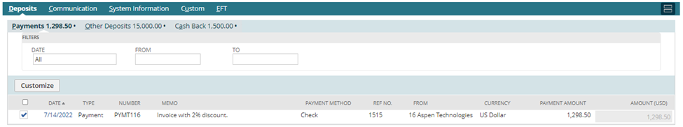 Payments subtab list